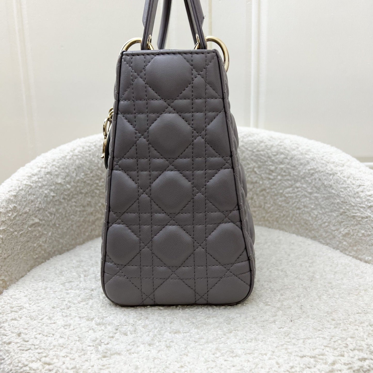 Dior Medium Lady Dior in Grey Lambskin and LGHW (New Version with Adjustable Strap)