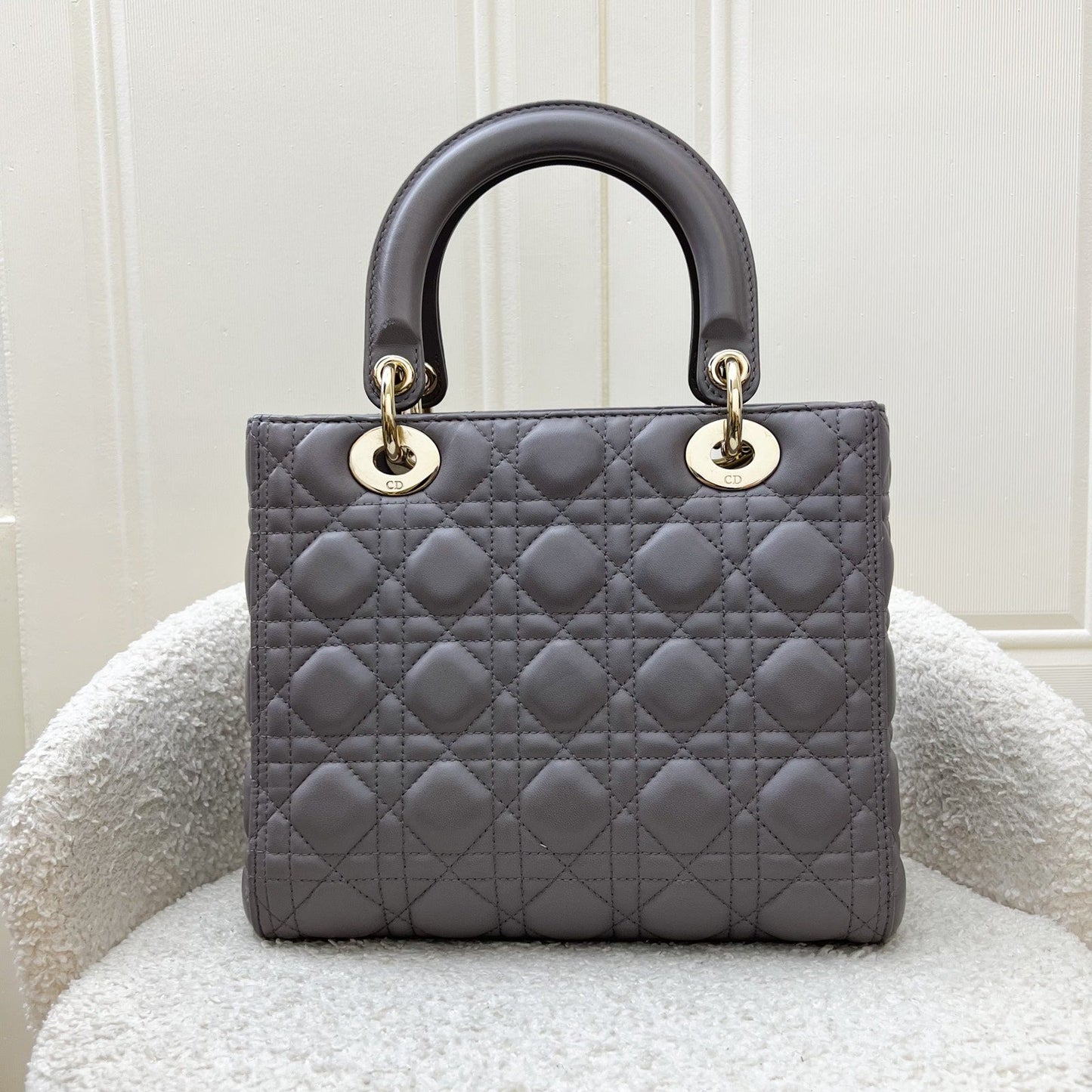 Dior Medium Lady Dior in Grey Lambskin and LGHW (New Version with Adjustable Strap)