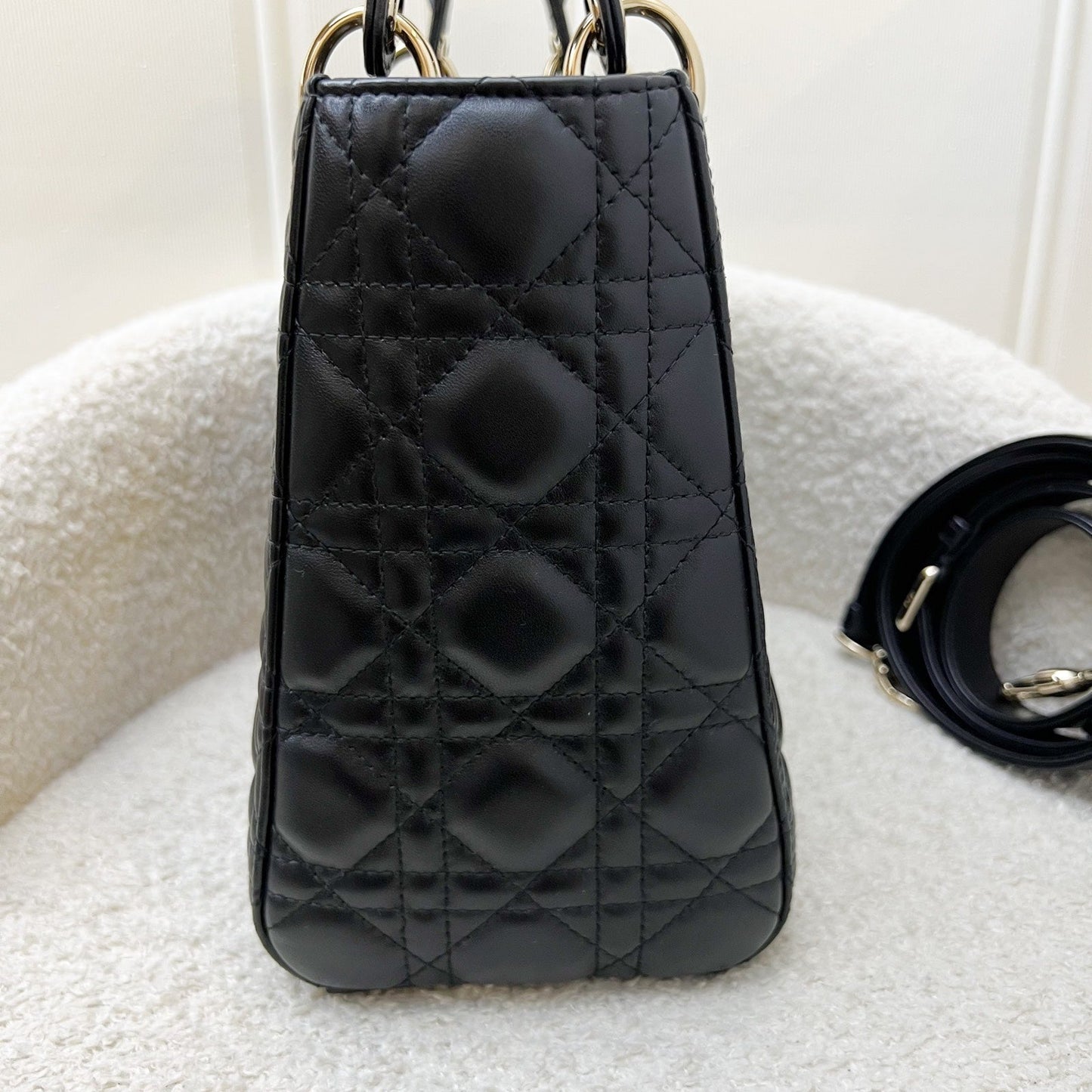 Dior Medium Lady Dior in Black Lambskin and LGHW (New Flap Closure) (Includes Mitzah)