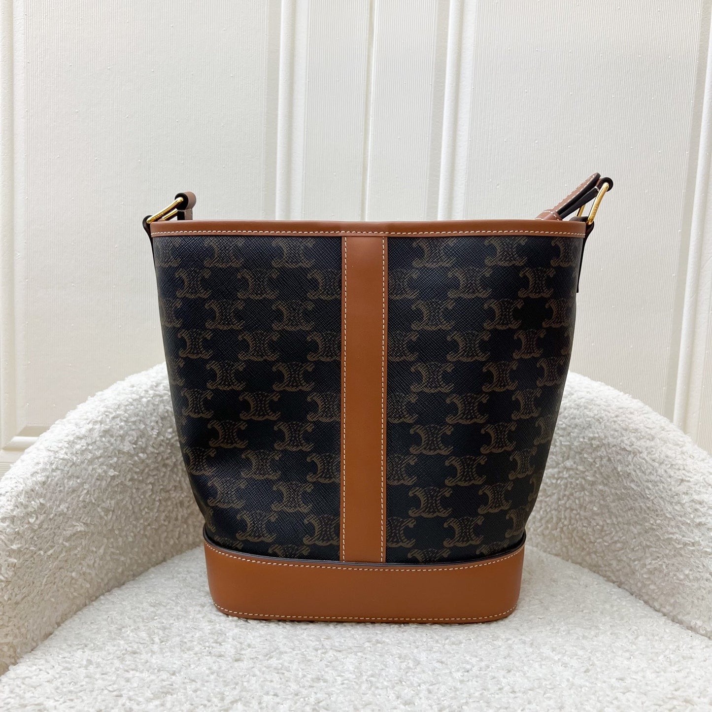 Celine Small Triomphe Bucket Bag in Triomphe Canvas, Tan Calfskin and GHW (Model: 191442CAS.04LU)