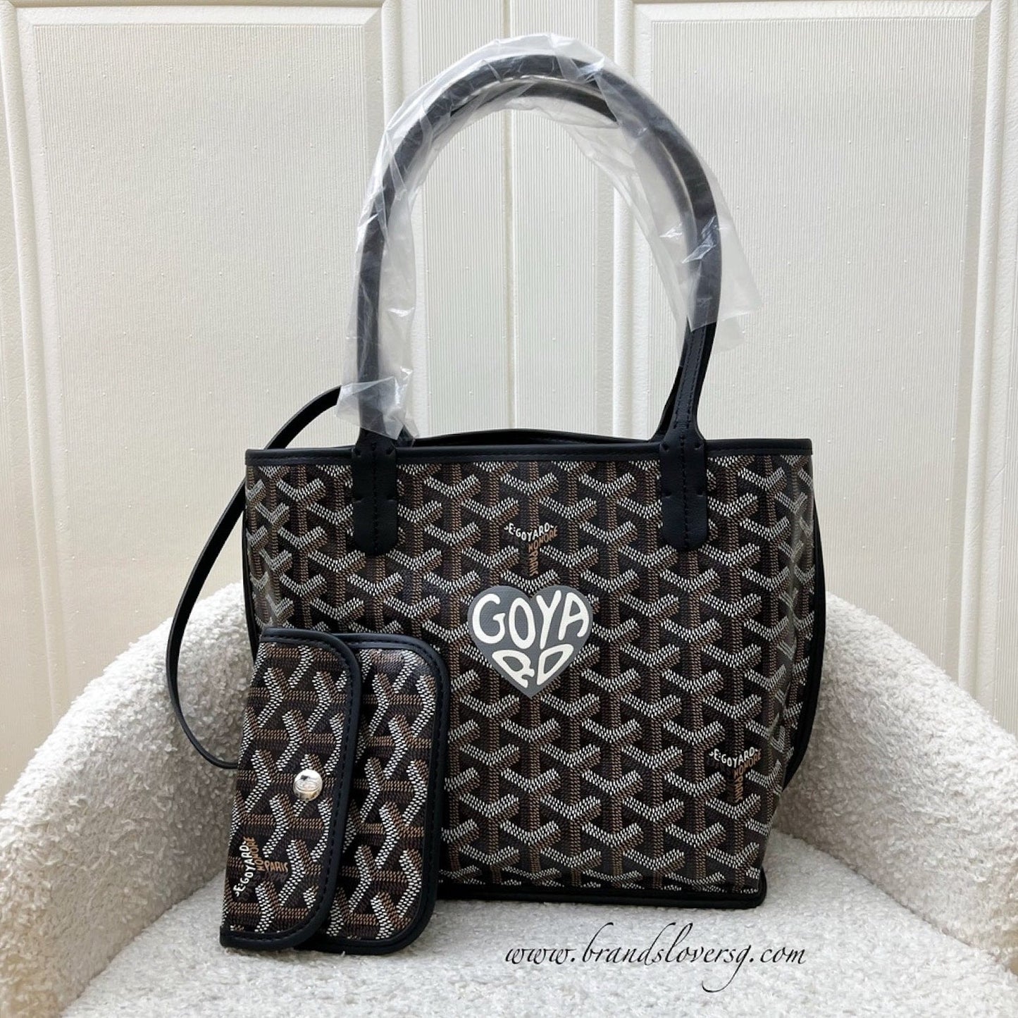 Goyard Mini Anjou Tote Bag in Black Goyardine Canvas and Leather with a Grey Heart Stamp (Premarquage Coeur)