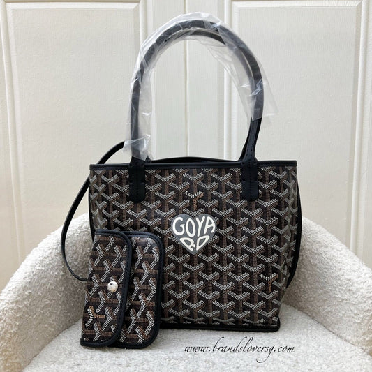 Goyard Mini Anjou Tote Bag in Black Goyardine Canvas and Leather with a Grey Heart Stamp (Premarquage Coeur)