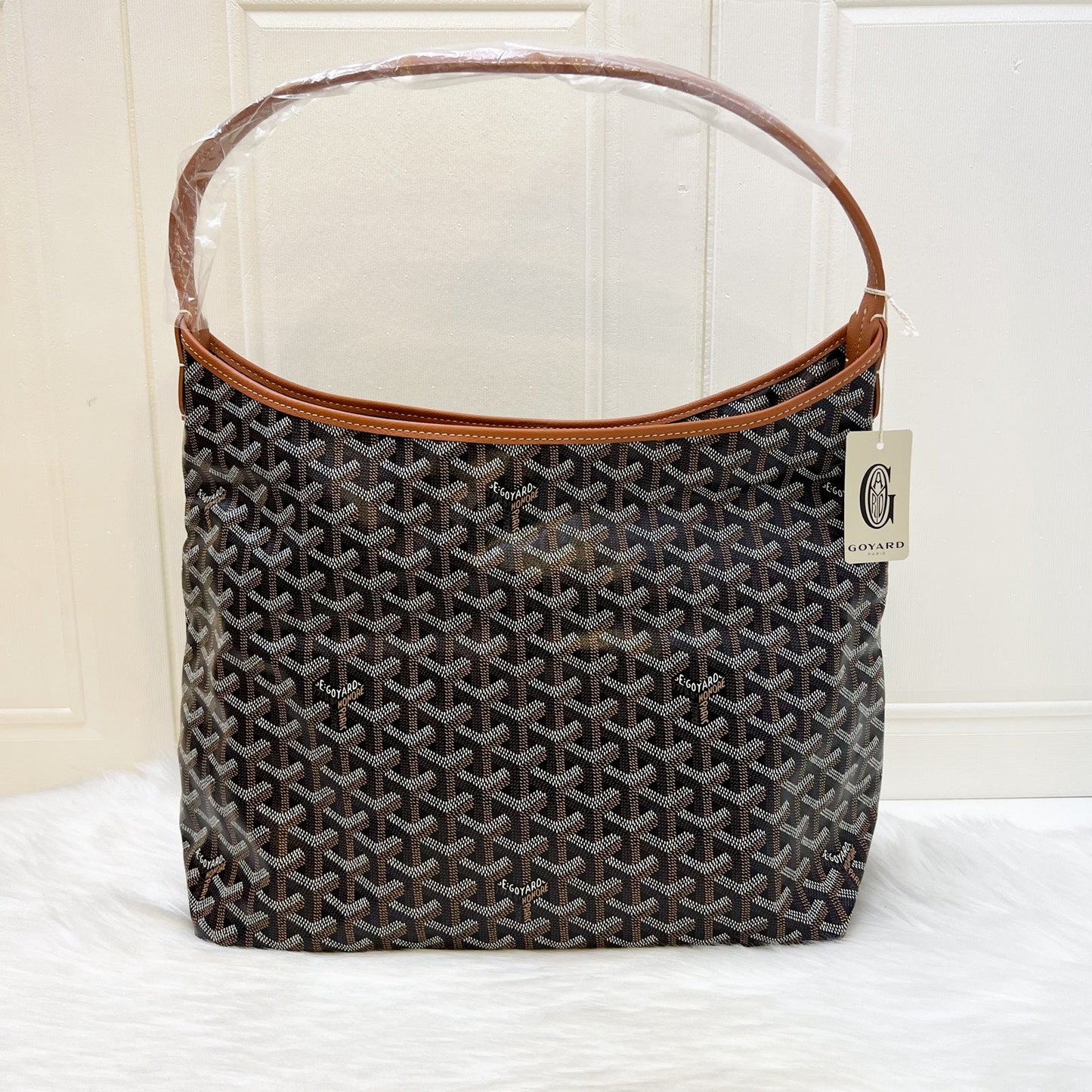 Goyard Boheme PM Hobo Bag in in Black Signature Goyardine Canvas and Brown Trim
