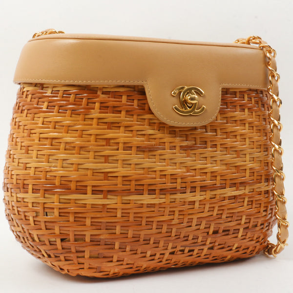Chanel Around 1998 Made Rattanturn-Lock Basket Chain Bag Beige