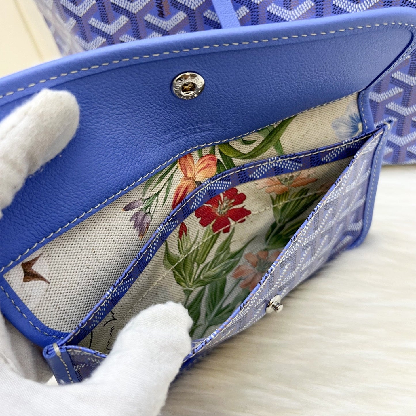 Goyard 2025 Limited Edition Saint Louis PM Tote in Reversible Iris Goyardine Canvas and Floral Cotton / Linen Interior with a Butterfly Hand Painted Stamp