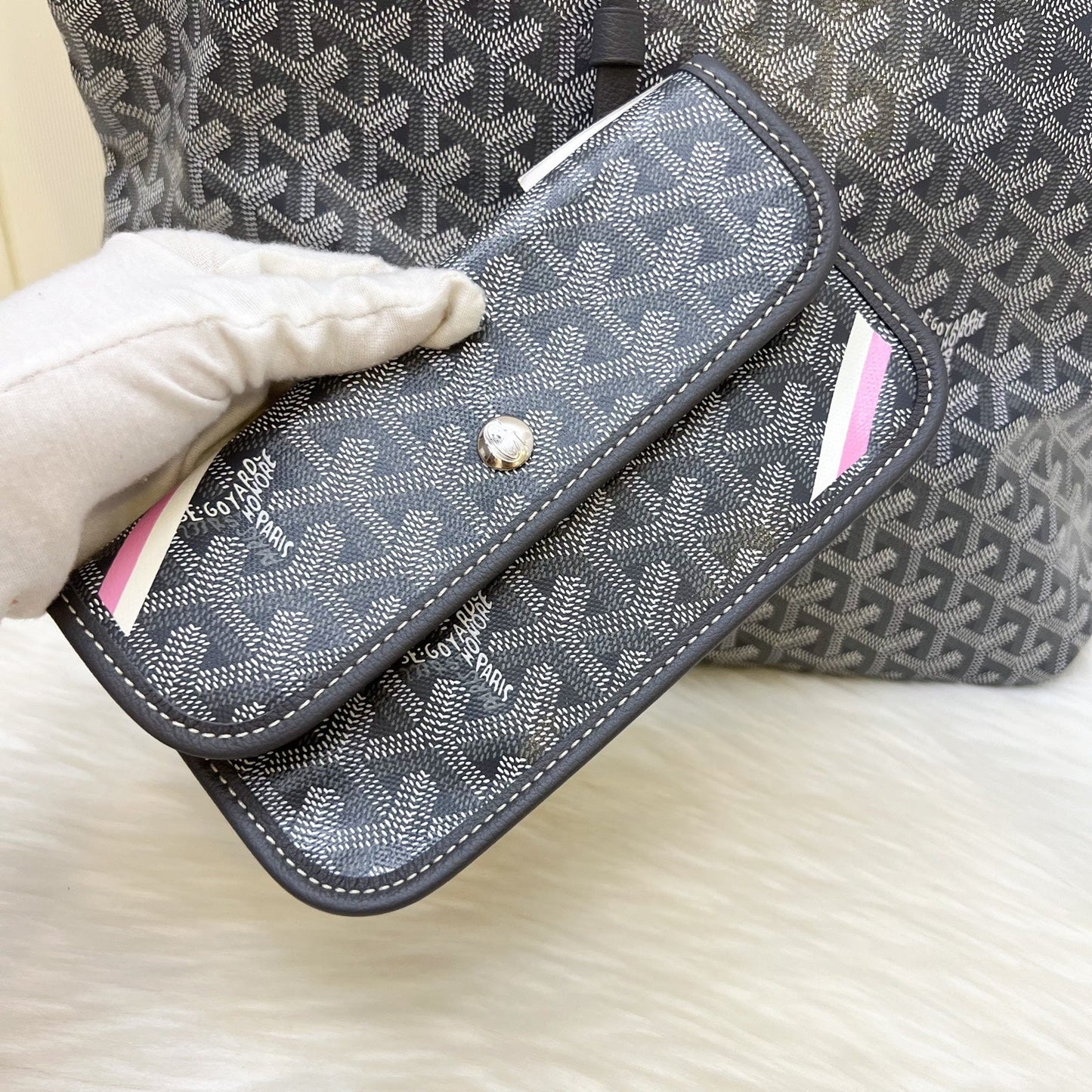 Goyard Boheme PM Hobo Bag in in Grey Signature Goyardine Canvas with Pink / White Striped Stamp (Premarquage Bandes) on the Small Pouch