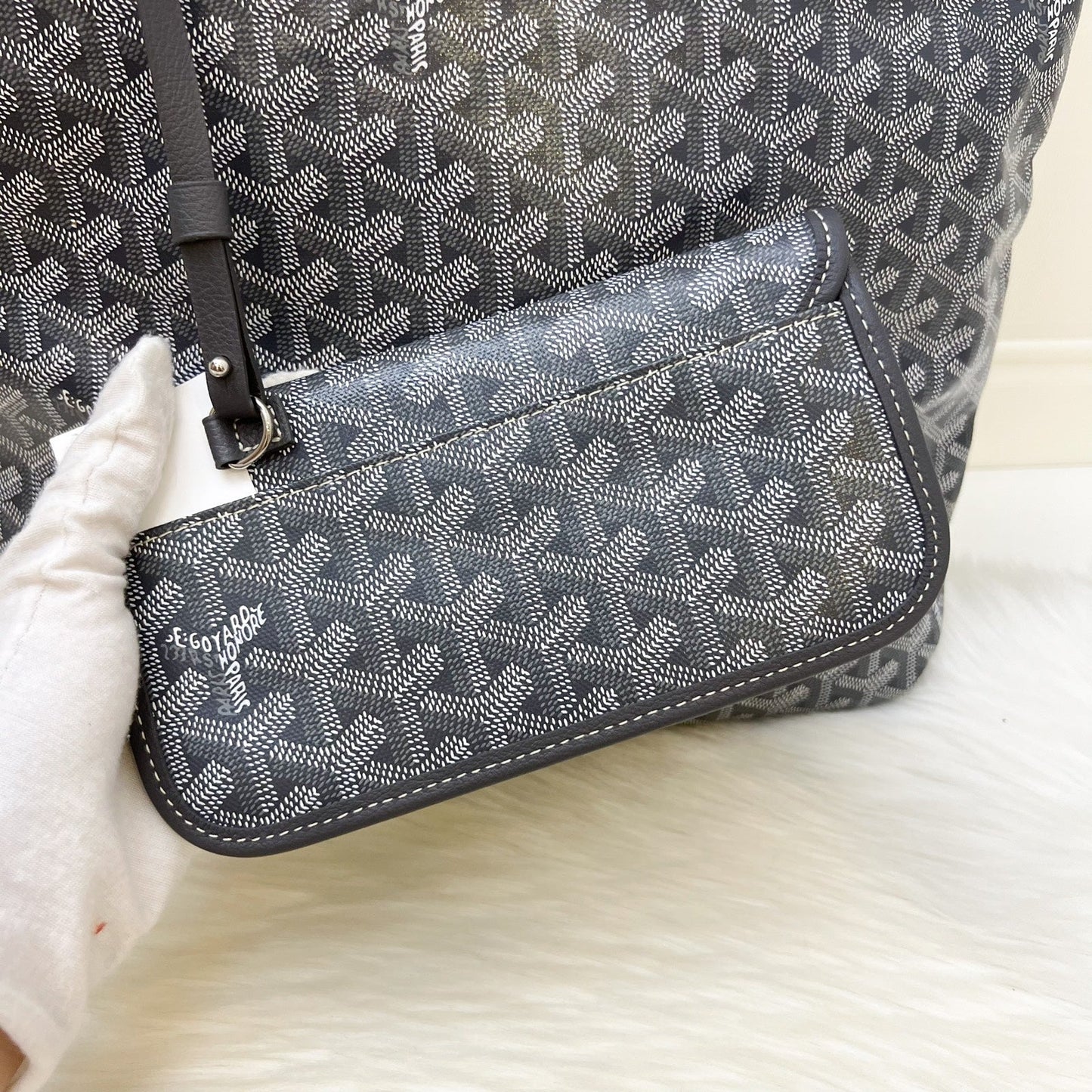 Goyard Boheme PM Hobo Bag in in Grey Signature Goyardine Canvas with Pink / White Striped Stamp (Premarquage Bandes) on the Small Pouch