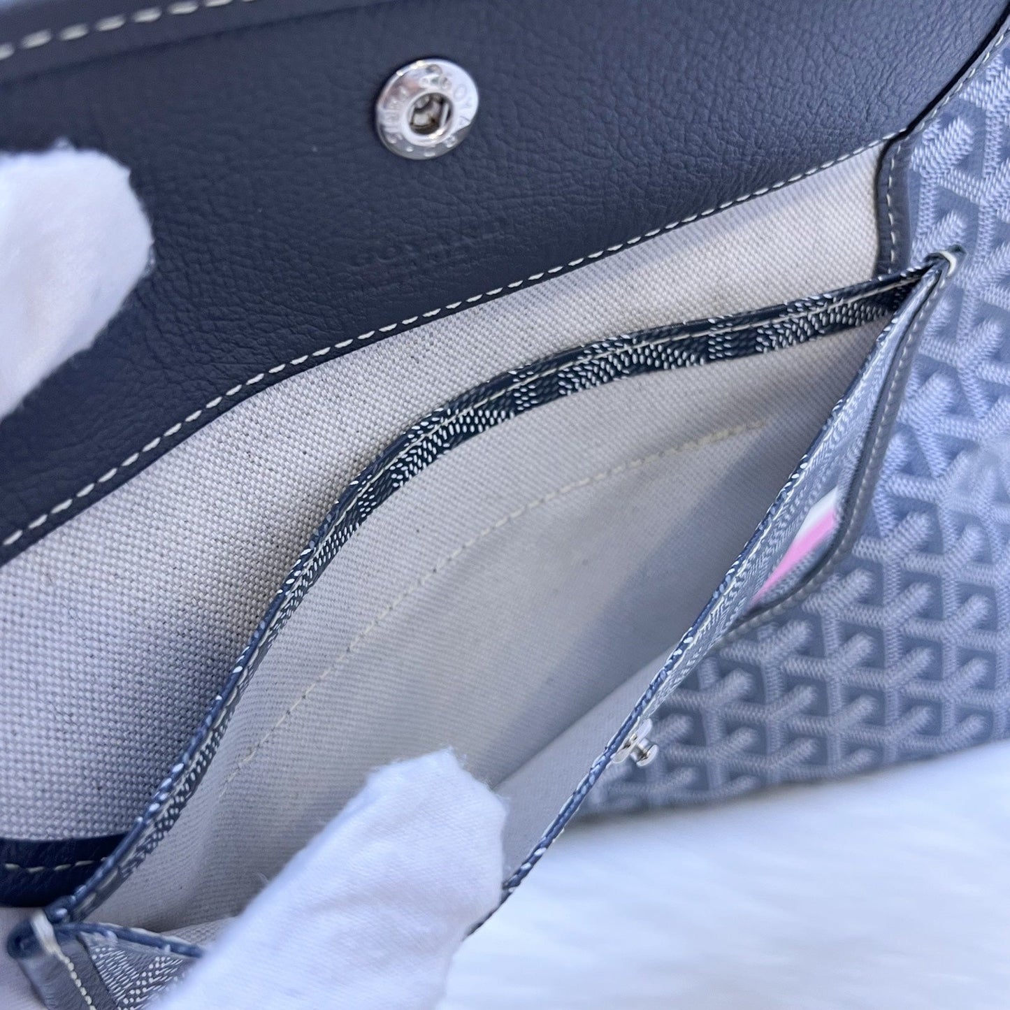 Goyard Boheme PM Hobo Bag in in Grey Signature Goyardine Canvas with Pink / White Striped Stamp (Premarquage Bandes) on the Small Pouch