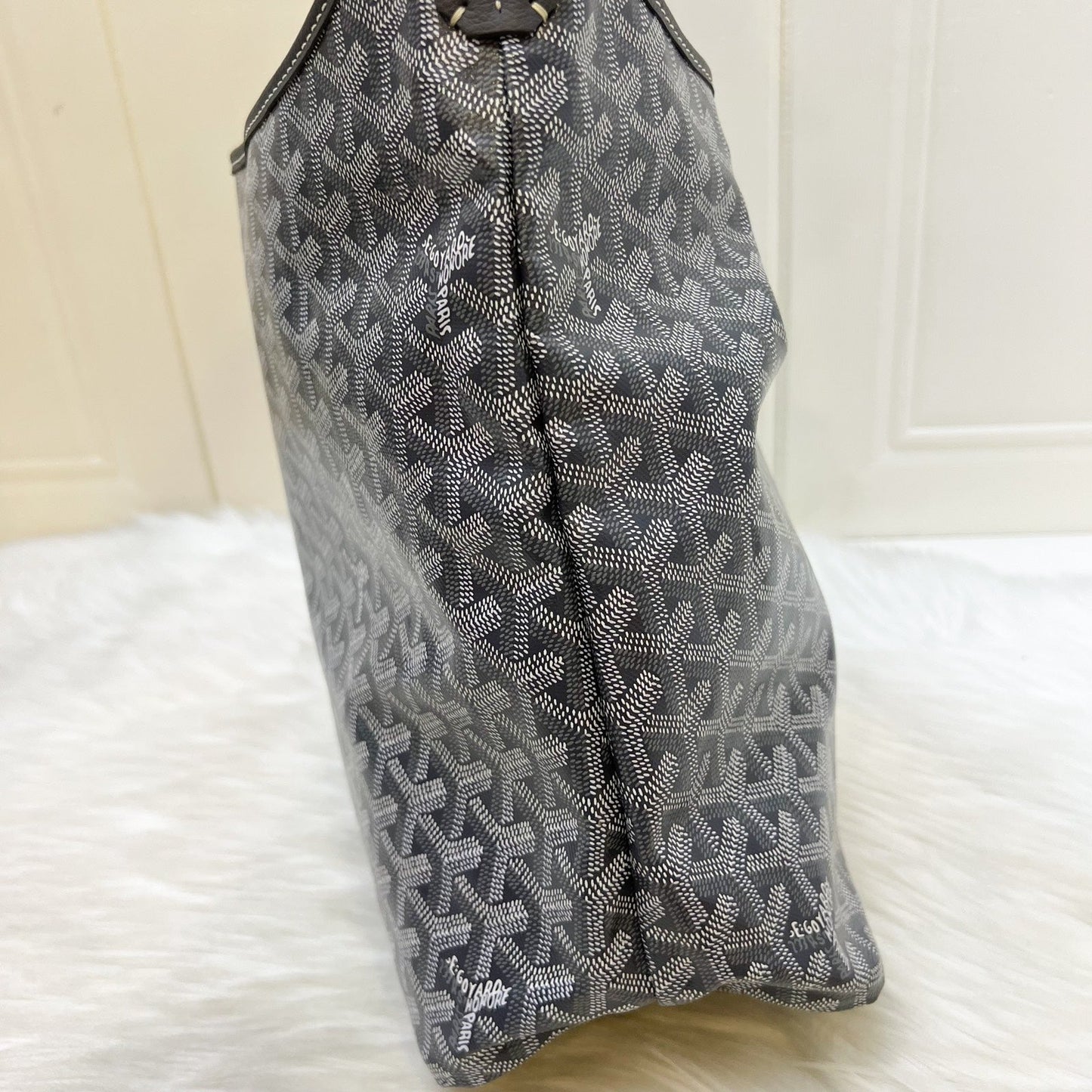 Goyard Boheme PM Hobo Bag in in Grey Signature Goyardine Canvas with Pink / White Striped Stamp (Premarquage Bandes) on the Small Pouch