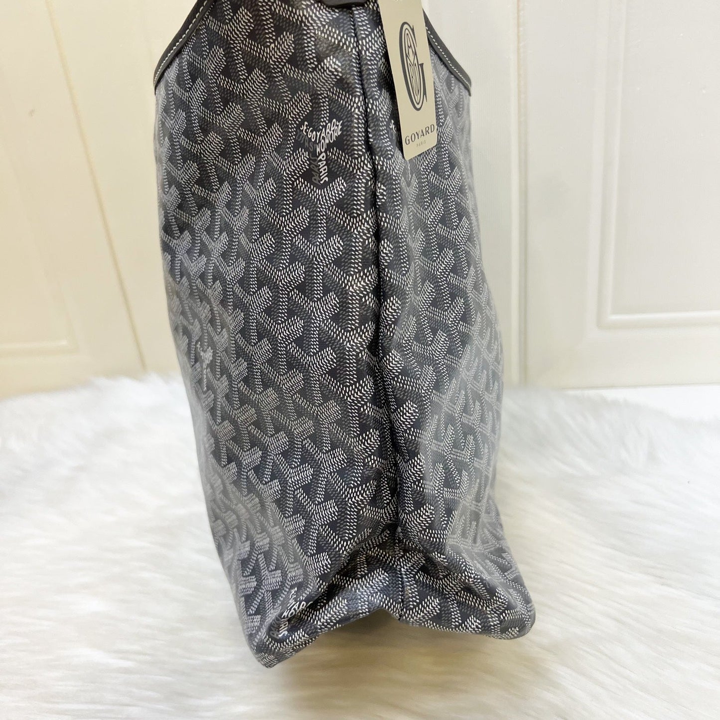 Goyard Boheme PM Hobo Bag in in Grey Signature Goyardine Canvas with Pink / White Striped Stamp (Premarquage Bandes) on the Small Pouch