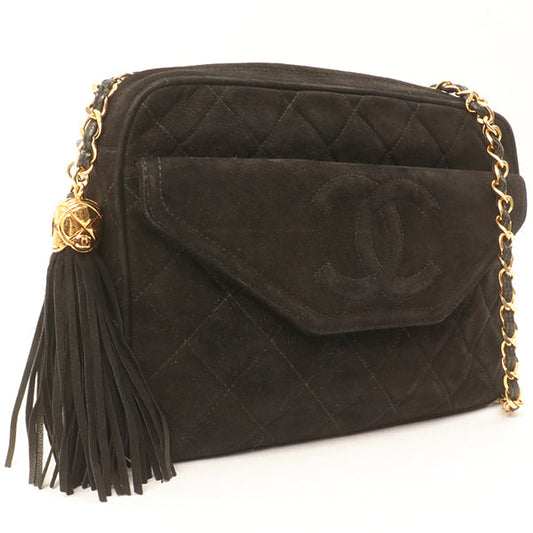 Chanel Around 1990 Made Suede Cc Mark Stitch Fringe Chain Bag Black