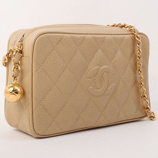 Chanel Around 1995 Made Caviar Skin Cc Mark Stitch Chain Shoulder Bag Beige