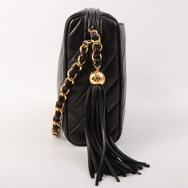 Chanel Around 1995 Made Mademoiselle Stitch Fringe Chain Bag Black