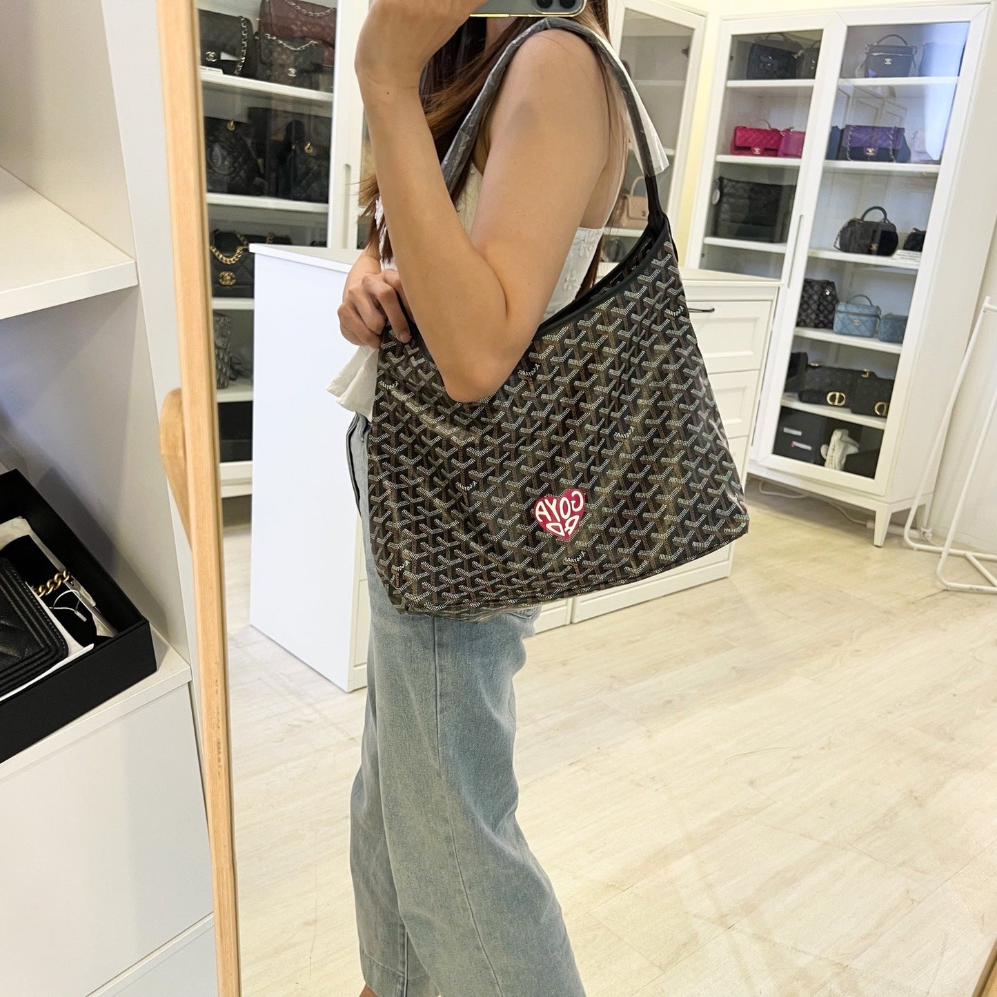 Goyard Boheme PM Hobo Bag in Black Signature Goyardine Canvas with a Red Heart Stamp