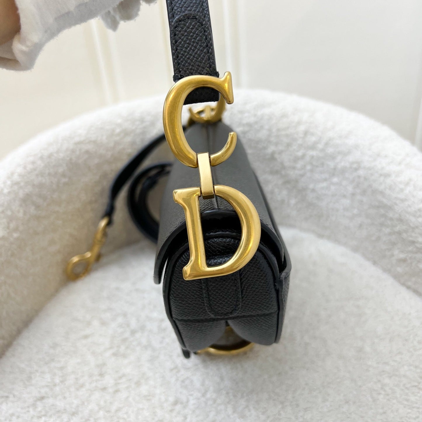 Dior Mini Saddle Bag In Black Grained Calfskin and GHW (Newer Version with Strap)