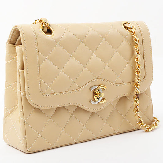 Chanel Around 1997 Made Paris Limited Design Flap Turn-Lock Chain Bag Beige