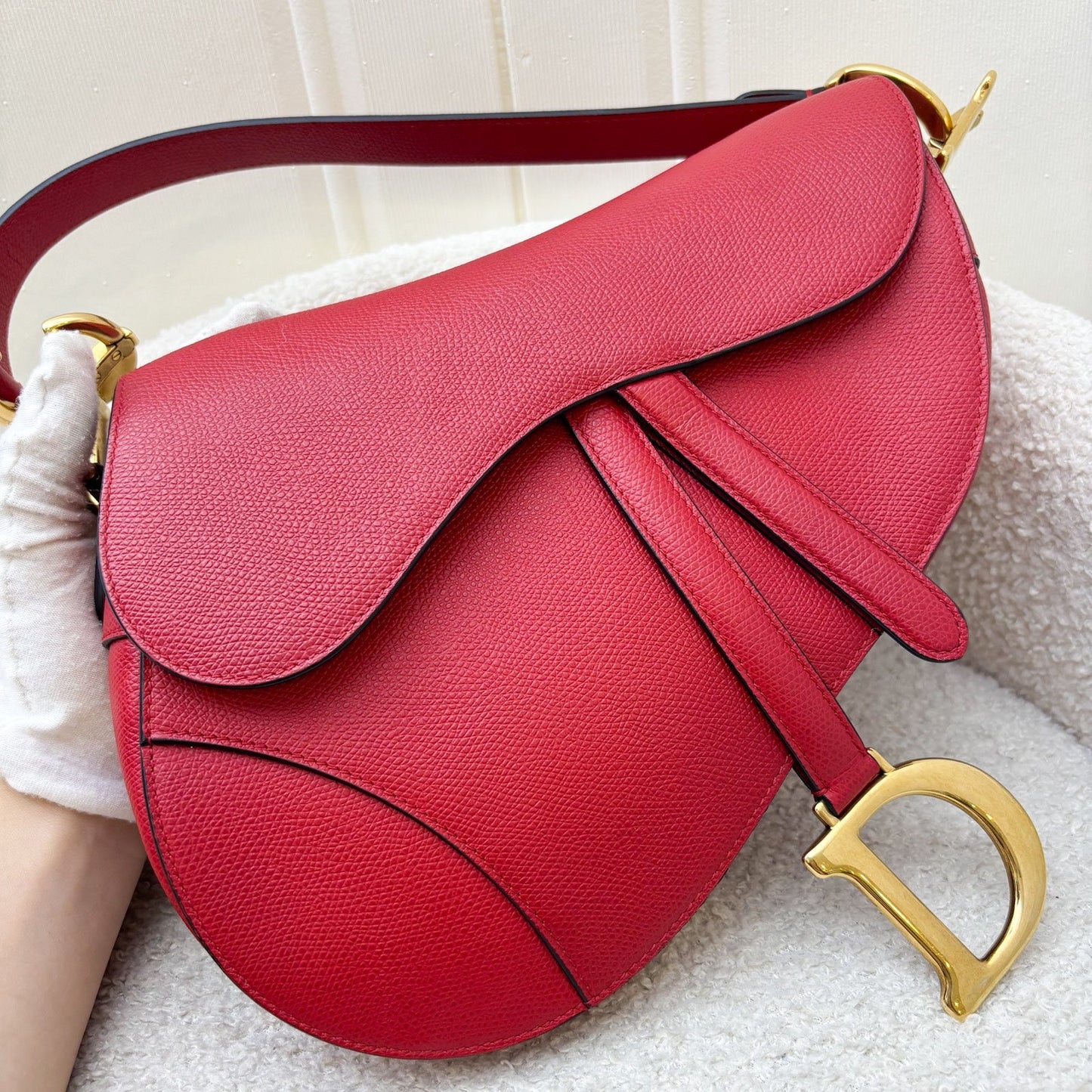 Dior Medium Saddle Bag In Red Grained Calfskin and GHW
