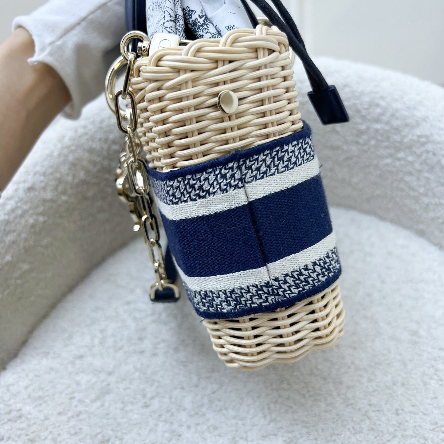 Dior Dioriviera Medium Lady D-Joy Bag in Natural Rattan and Dark Blue Toile De Jouy Interior Pouch and GHW