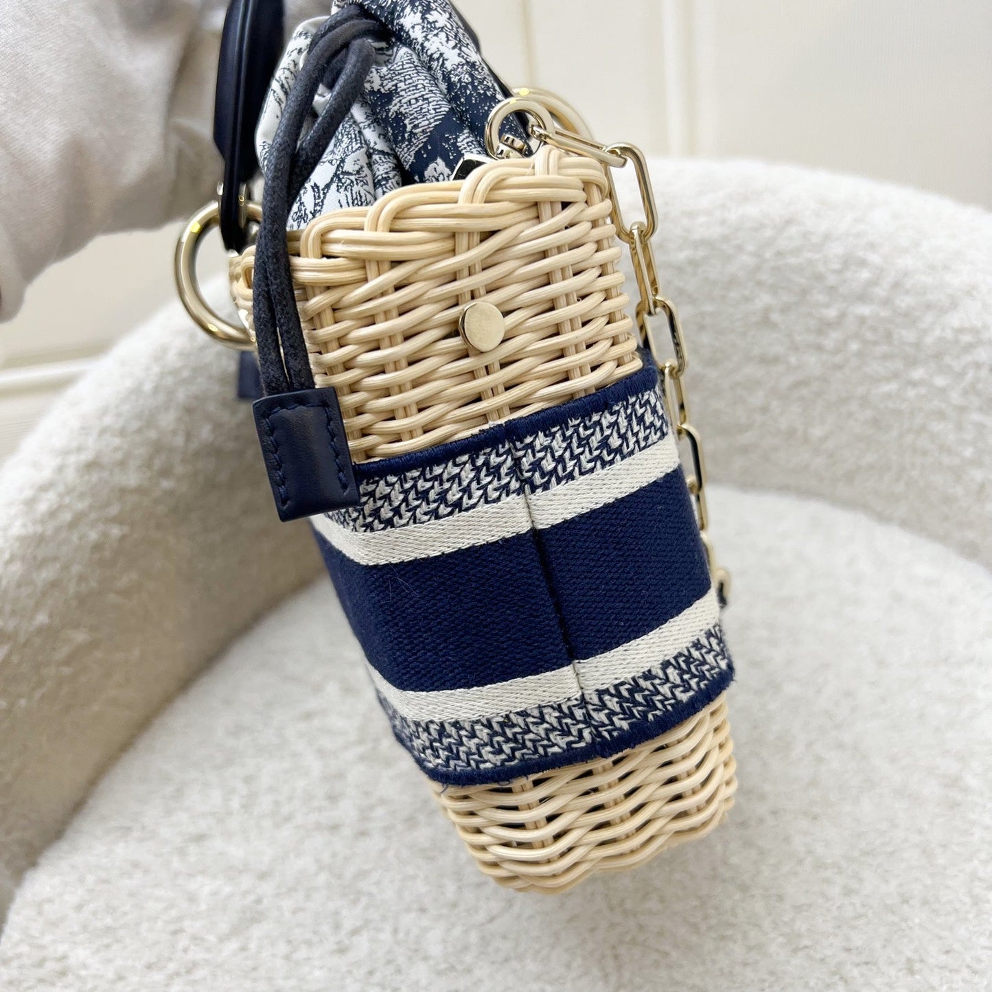 Dior Dioriviera Medium Lady D-Joy Bag in Natural Rattan and Dark Blue Toile De Jouy Interior Pouch and GHW