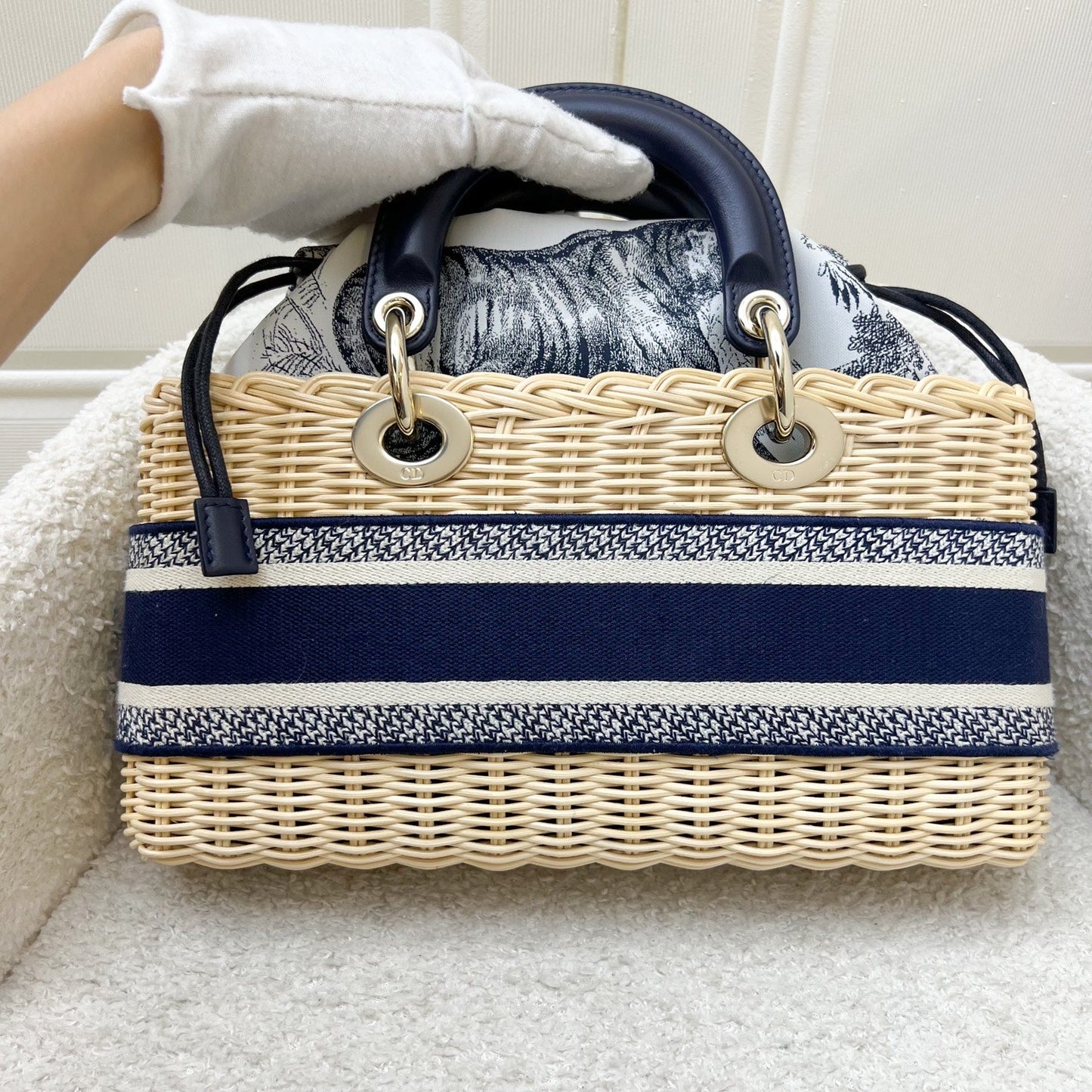Dior Dioriviera Medium Lady D-Joy Bag in Natural Rattan and Dark Blue Toile De Jouy Interior Pouch and GHW