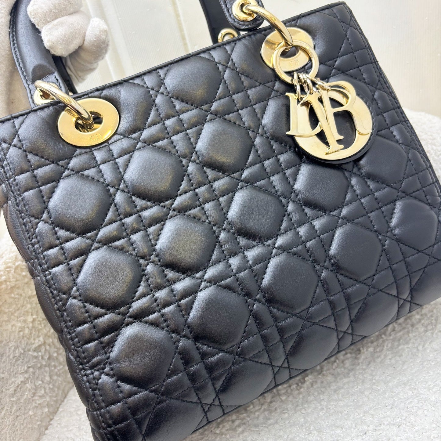 Dior Medium Lady Dior in Black Lambskin and LGHW (New Version with Adjustable Strap)