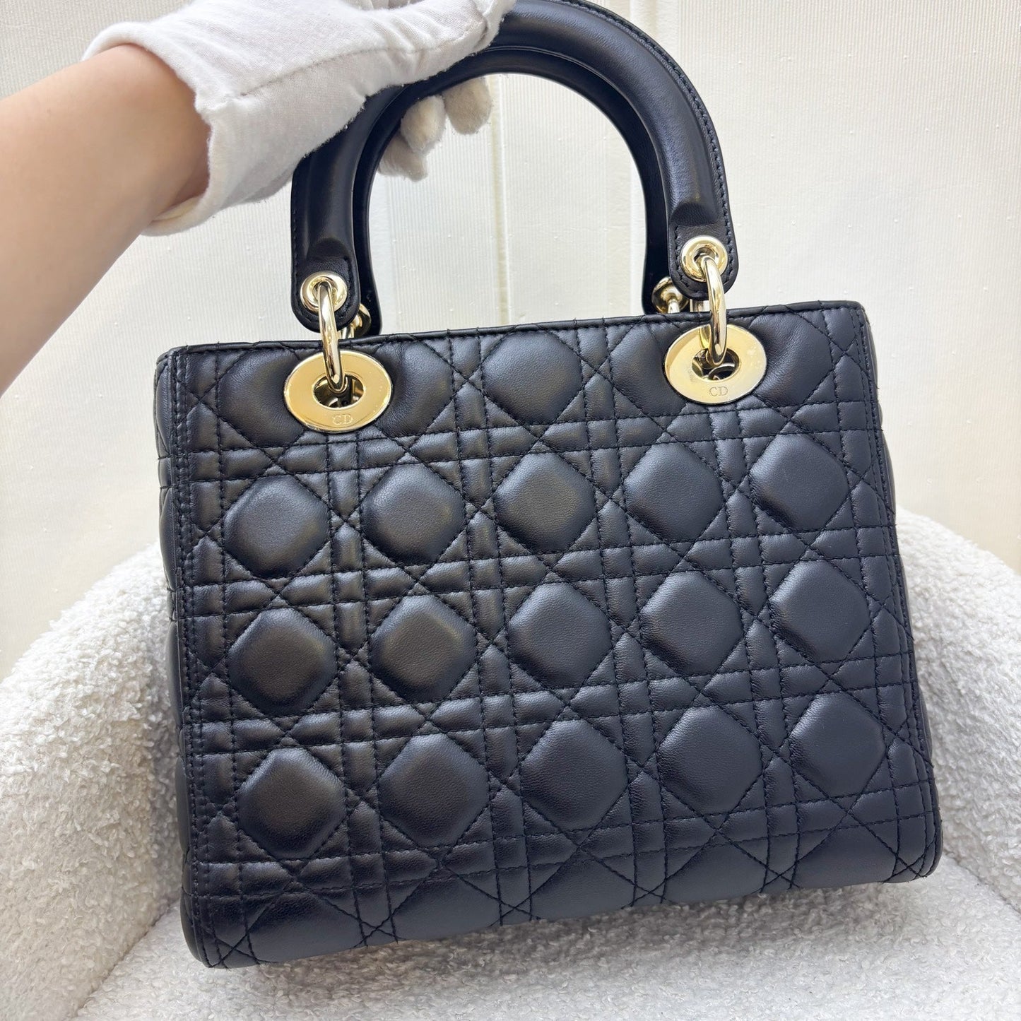 Dior Medium Lady Dior in Black Lambskin and LGHW (New Version with Adjustable Strap)