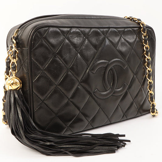 Chanel Around 1992 Made Diamond Cc Mark Stitch Fringe Chain Bag Black