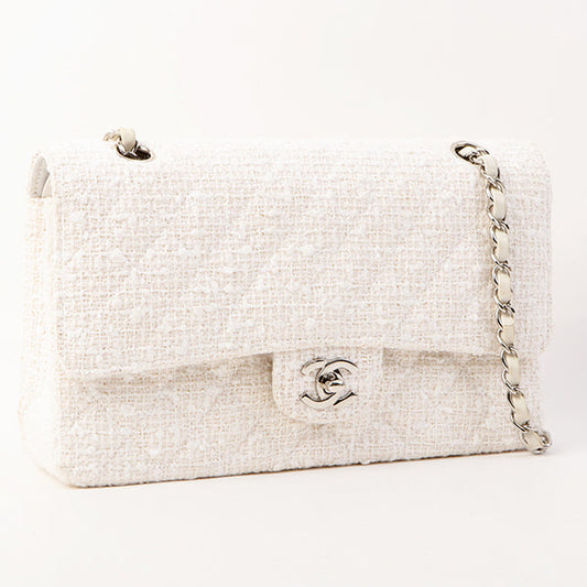 Chanel Around 2003 Made Tweed Classic Flap Chain Bag 25Cm White