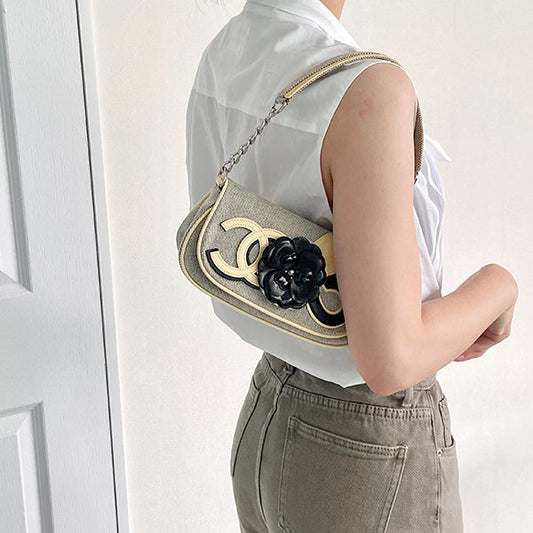 Chanel Around 2006 Made Camellia Design Chain Handbag Yellow/Black