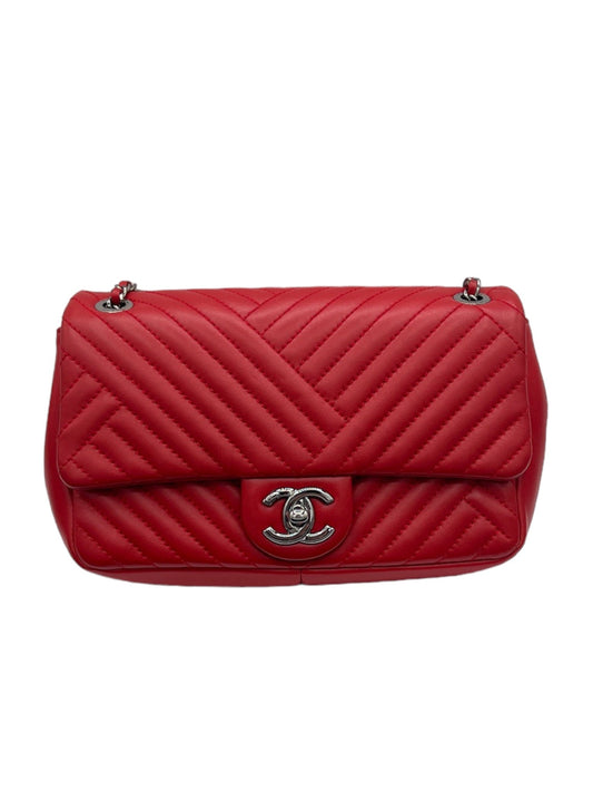 CHANEL - Red CC Crossing Flap Bag Chevron Lambskin