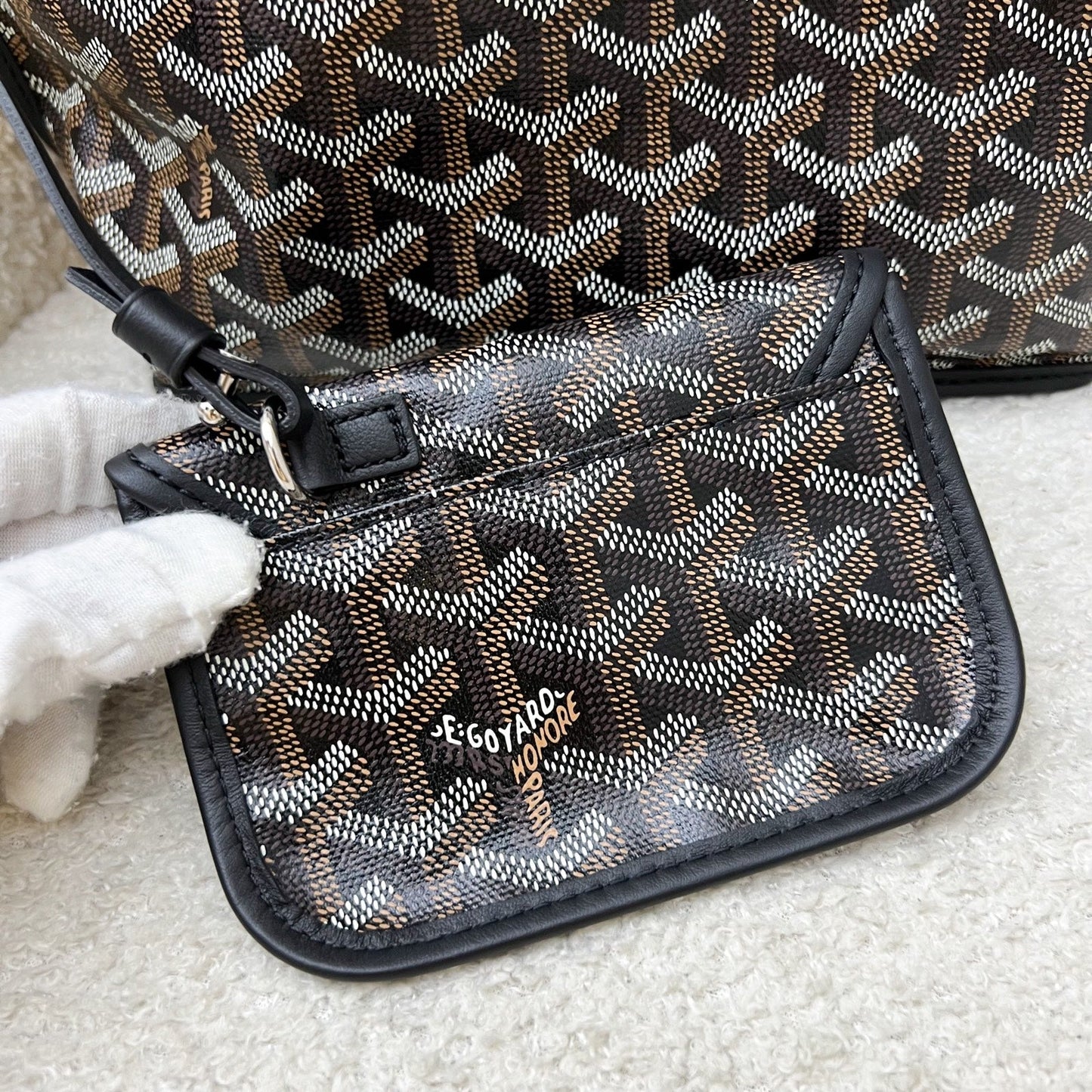 Goyard Mini Anjou Tote Bag in Black Goyardine Canvas and Leather with a Grey Heart Stamp (Premarquage Coeur)