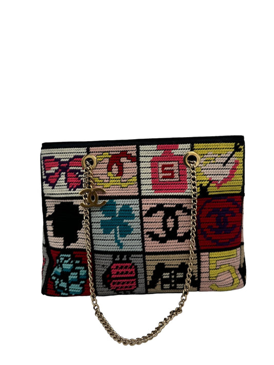 CHANEL - Icon Tote Bag Black Light Pink Multi Wool Satin Lambskin