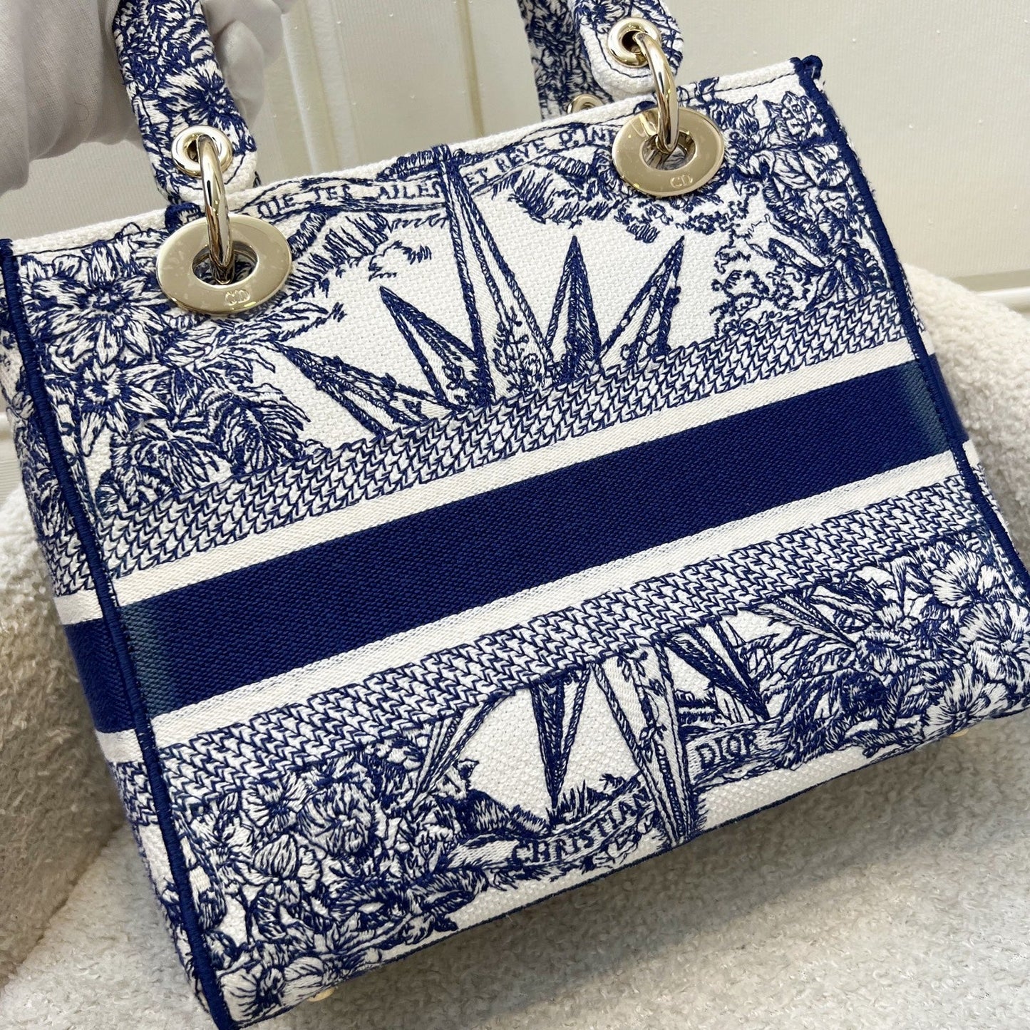 Dior Medium Lady D-lite Bag in White and Blue Toile de Jouy Embroidery and LGHW