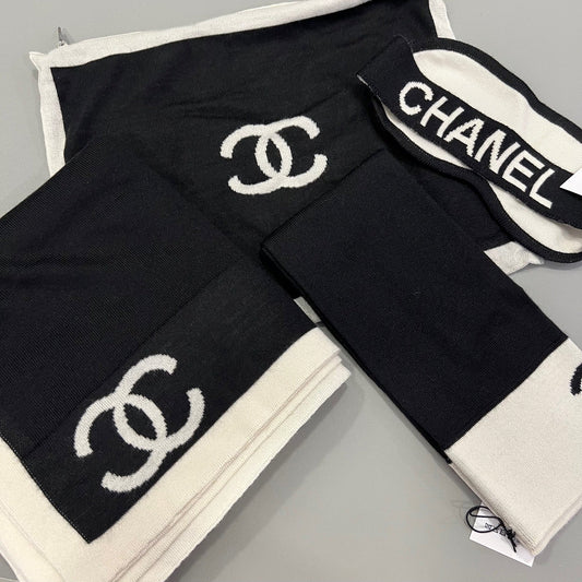 Chanel 4 Piece Travel Set with Pouch, Shawl, Socks and Eye Shield in Black and White mere / Wool / Silk