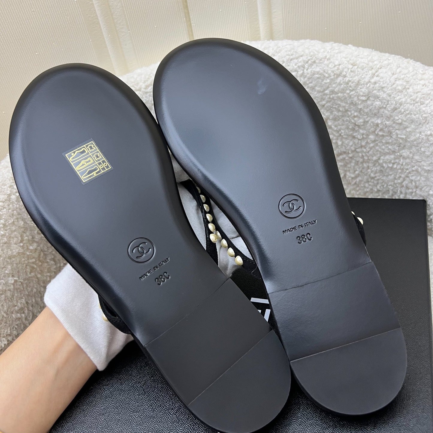 Chanel 25C Thongs with Imitation Pearls and CC Logo in Black Suede Sz 38 (Model: G46205)