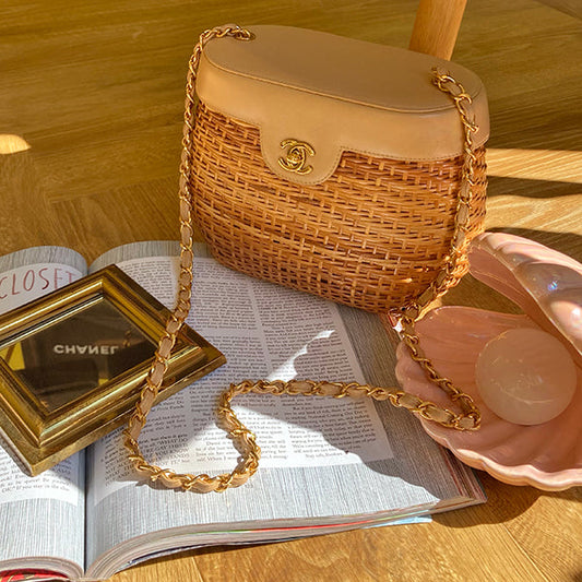 Chanel Around 1998 Made Rattanturn-Lock Basket Chain Bag Beige
