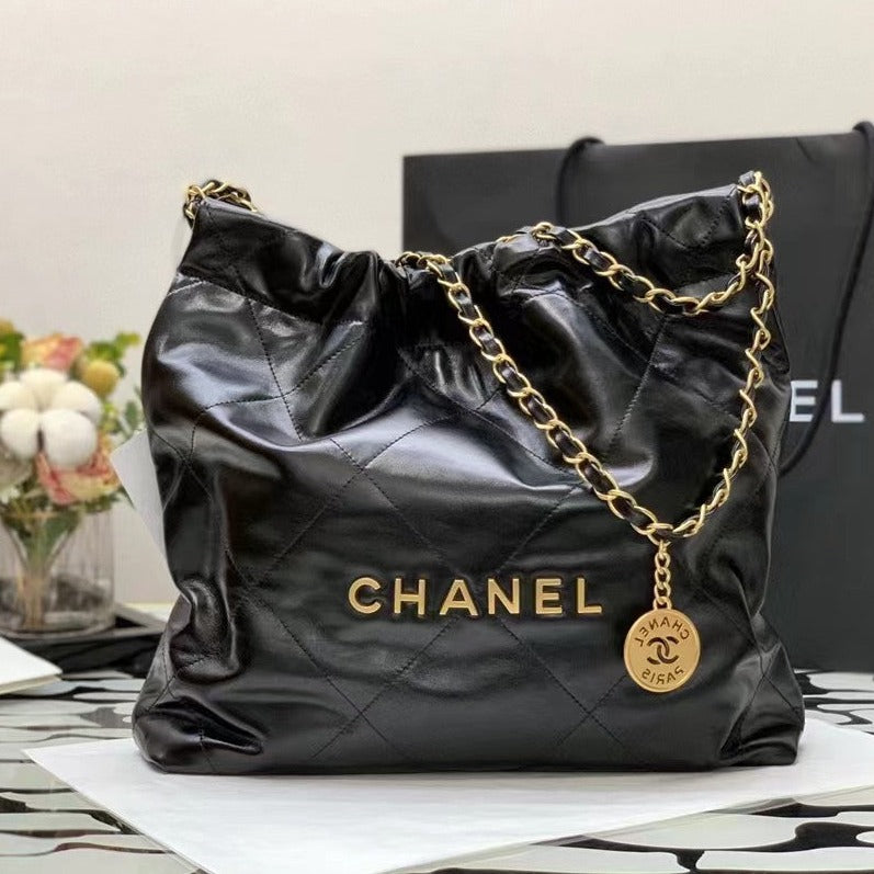 CHANEL HOBO BAG 22 BLACK LAMBSKIN GOLD HARDWARE