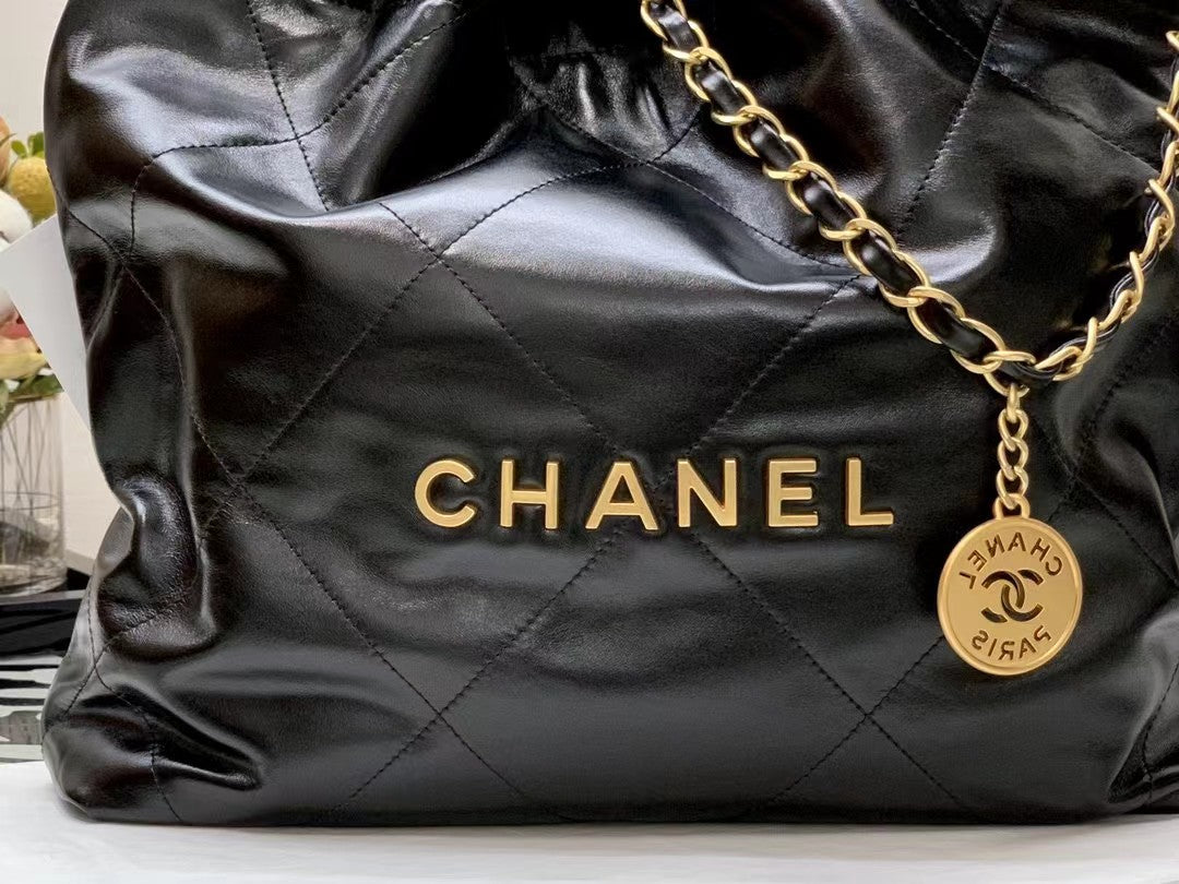 CHANEL HOBO BAG 22 BLACK LAMBSKIN GOLD HARDWARE