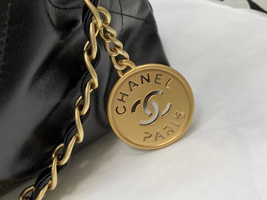 CHANEL HOBO BAG 22 BLACK LAMBSKIN GOLD HARDWARE