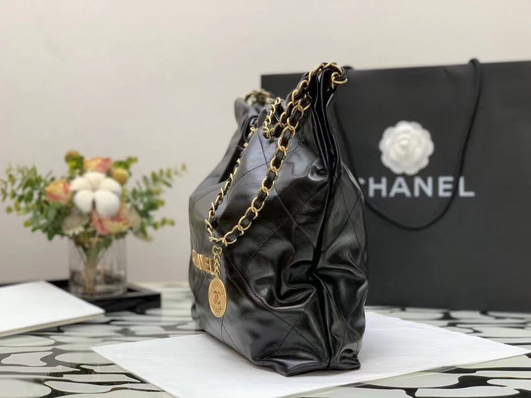 CHANEL HOBO BAG 22 BLACK LAMBSKIN GOLD HARDWARE
