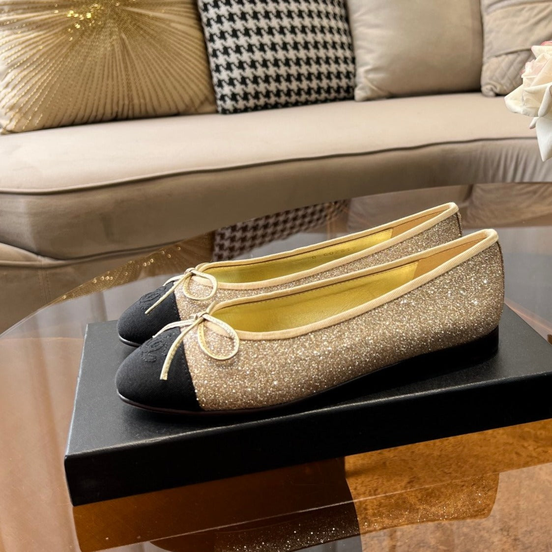 CHANEL ballet flats yellow tweed
