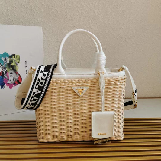 PRADA medium 26cm wicker and linen blend tote bag