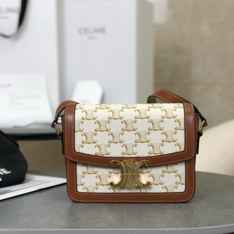 Celine TEEN TRIOMPHE 18.5 WHITE MONOGRAM CANVAS TAN CALFSKIN