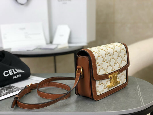 Celine TEEN TRIOMPHE 18.5 WHITE MONOGRAM CANVAS TAN CALFSKIN