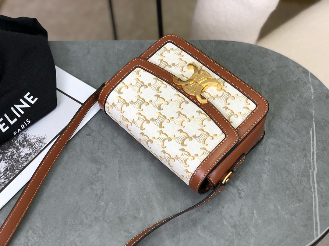 Celine TEEN TRIOMPHE 18.5 WHITE MONOGRAM CANVAS TAN CALFSKIN