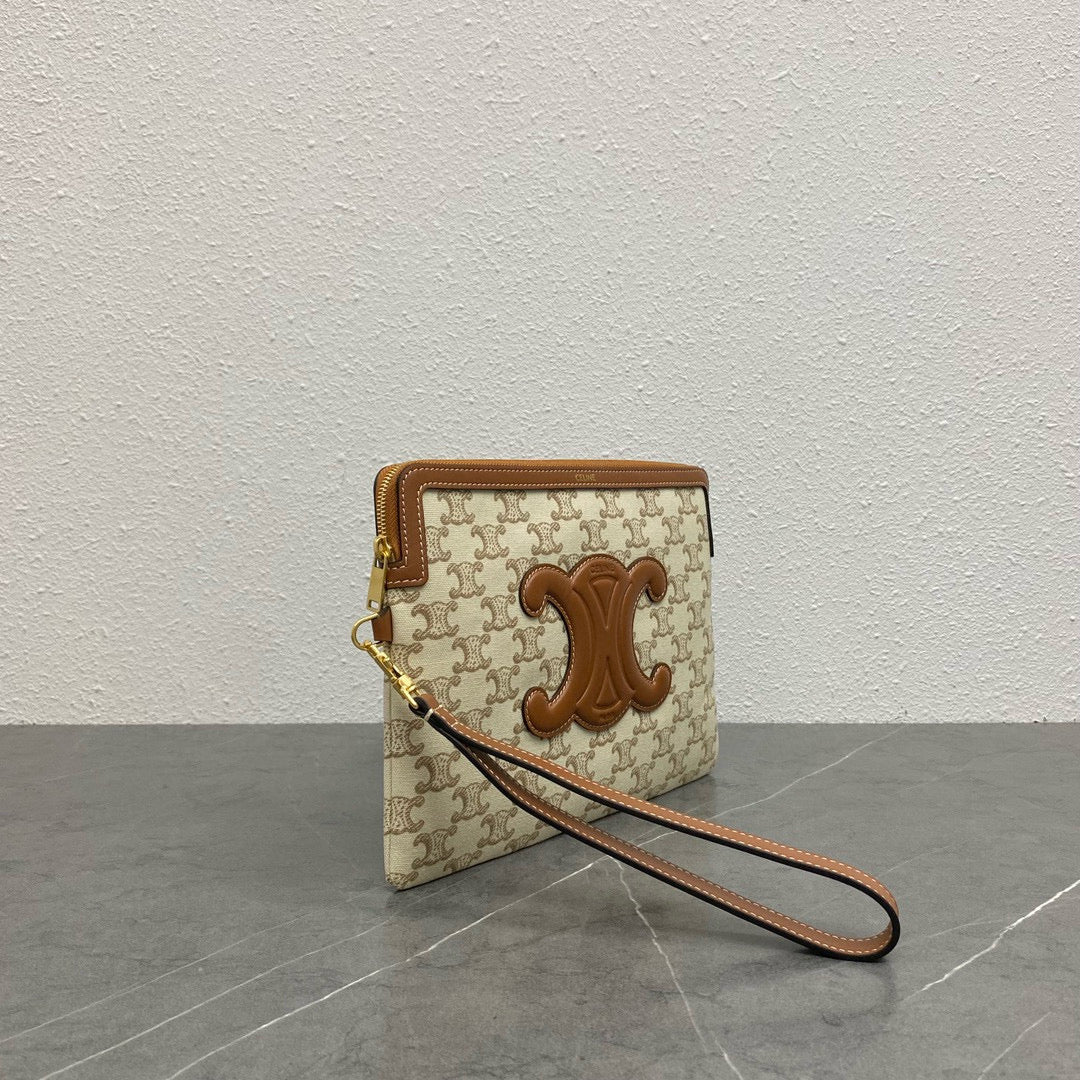 Celine small pouch with strap 24cm beige textile tan calfskin