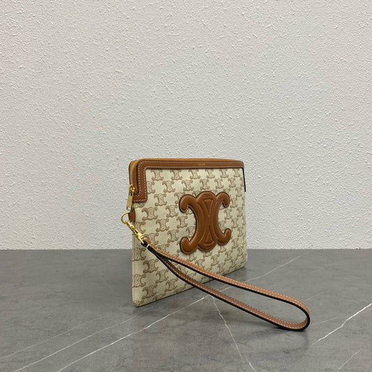 Celine small pouch with strap 24cm beige textile tan calfskin