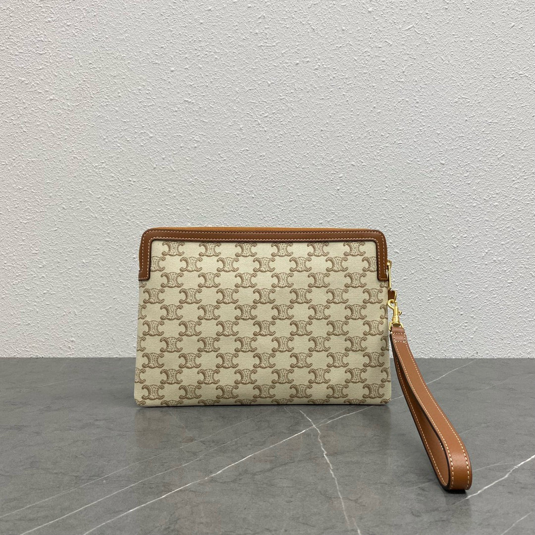 Celine small pouch with strap 24cm beige textile tan calfskin