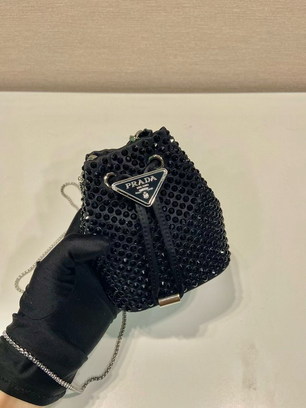 PRADA Mini Pouch With Crystal Black Satin