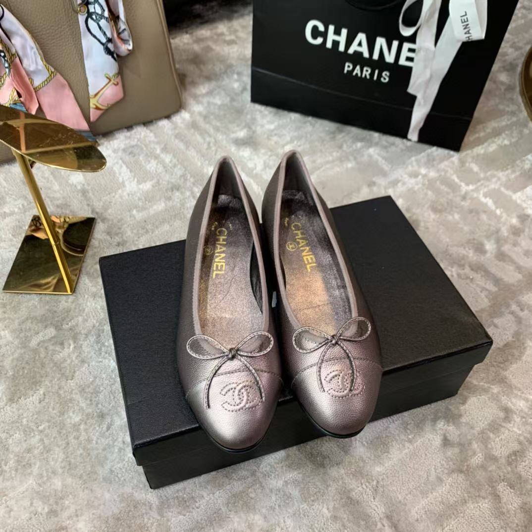 CHANEL Ballet Flat Grey Chocolate Grained Calfskin